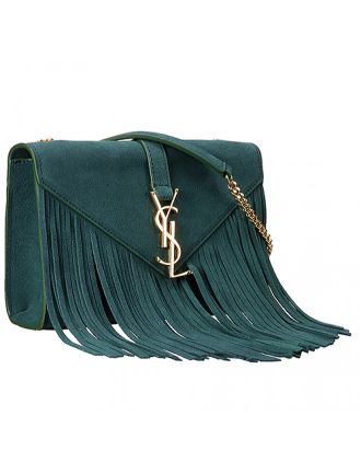 Saint Laurent Medium Fringed Suede Leather Satchel Green