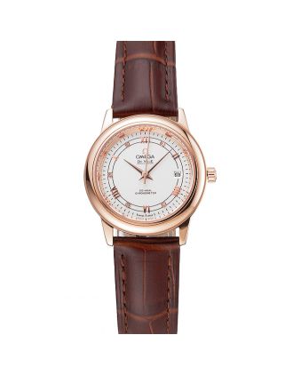 Omega De Ville Prestige Ladies White Dial Rose Gold Case Brown Leather Strap
