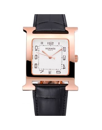Hermes Heure H White Dial Gold Case Black Leather Strap