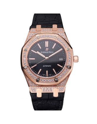 Swiss Audemars Piguet Royal Oak Black Dial Gold Case With Diamonds Black Leather Strap