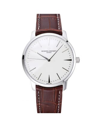 Swiss Vacheron Constantin Patrimony White Dial Silver Case Brown Leather Bracelet 1454158