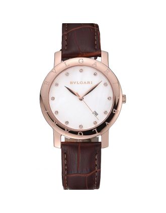 Bvlgari White Dial Gold Case Brown Leather Bracelet 622432