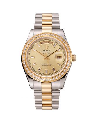 Swiss Rolex Day-Date Champagne Dial Diamond Bezel Two Tone Bracelet 1454103