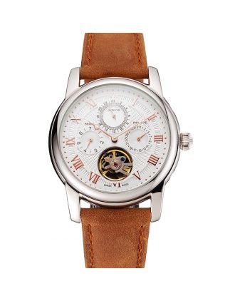 Patek Philippe Grand Complications Day Date Tourbillon White Dial Rose Gold Numerals Stainless Steel Case Brown Suede Leather Strap 1453818
