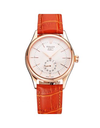 Swiss Rolex Cellini White Dial Rose Gold Case Light Brown Leather Strap