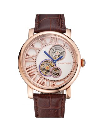 Cartier Rotonde De Cartier Flying Tourbillon White Dial Rose Gold Numerals Rose Gold Case Brown Leather Strap