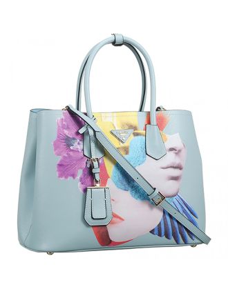 Prada Saffiano Double Tote Collage Print Light Blue Bag 18927288