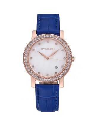 Bvlgari White Dial Diamond Case Blue Leather Bracelet 622438