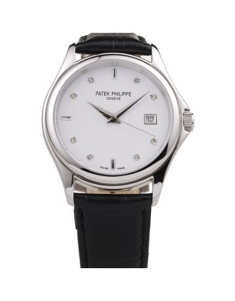 Patek Philippe Geneve Calatrava Crystal Studded Hour Marker White Dial Black Leather Strap