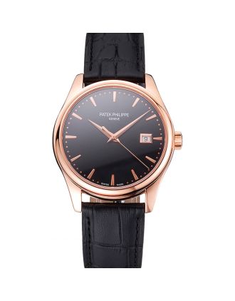 Swiss Patek Philippe Calatrava Black Dial Rose Gold Case Black Leather Strap