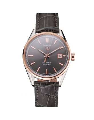 Swiss Tag Heuer Carrera Calibre 5 Gray Dial Rose Gold Case Black Leather Strap