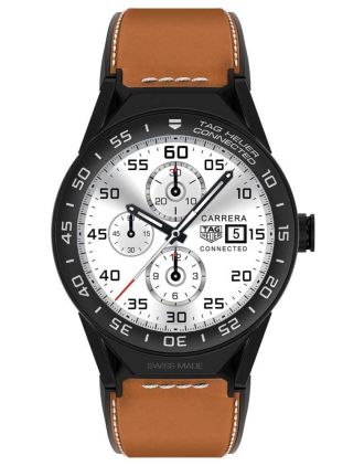 AAA Replica Tag Heuer Connected Modular 45mm Brown Calfskin Strap Black Mat Ceramic Bezel Watch SBF8A8013.82FT6110