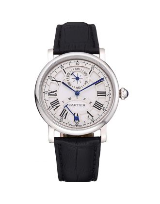 Cartier Rotonde White Dial Stainless Steel Case Black Leather Strap 622757