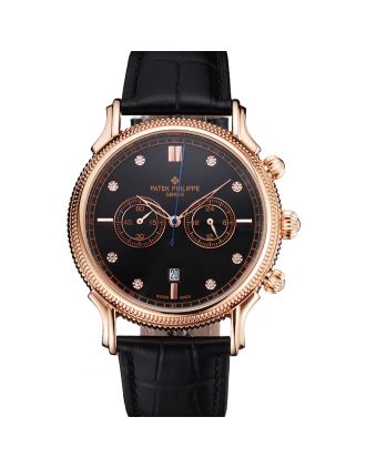 Patek Philippe Chronograph Black Dial With Diamonds Rose Gold Case Black Leather Strap