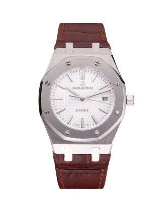 Swiss Audemars Piguet Royal Oak White Dial Stainless Steel Case Brown Leather Strap