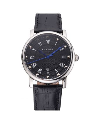 Cartier Rotonde Date Black Dial Stainless Steel Case Black Leather Strap