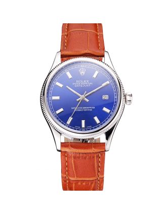 Swiss Rolex Datejust Blue Dial Stainless Steel Case Light Brown Leather Strap