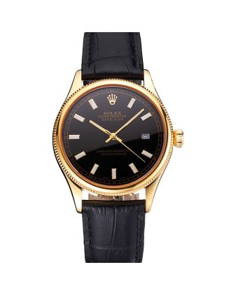 Swiss Rolex Datejust Black Dial Gold Case Black Leather Strap
