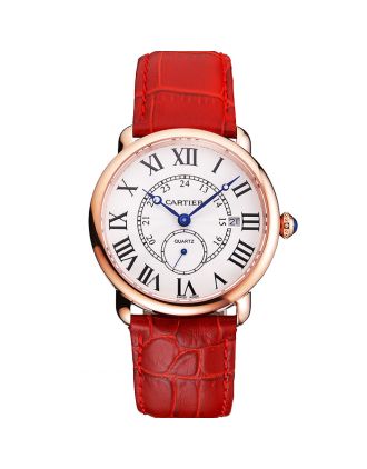 Cartier Ronde Louis Cartier White Dial Gold Case Red Leather Strap