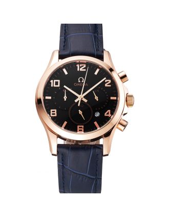 Omega Chronograph Black Dial Rose Gold Case Blue Leather Strap