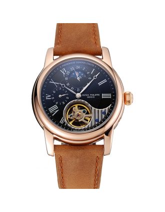 Patek Philippe Grand Complications GMT Moonphase Tourbillon Black Dial Rose Gold Case Brown Suede Leather Strap 1453821