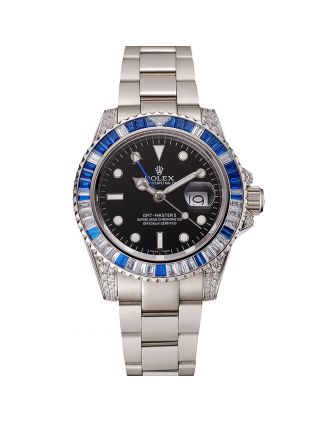 Swiss Rolex GMT Master II Black Dial Stone Set Bezel Stainless Steel Case And Bracelet 1453747