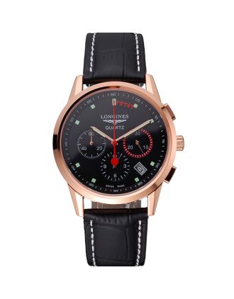 Longines Column Wheel Black Dial Gold Case Black Leather Strap