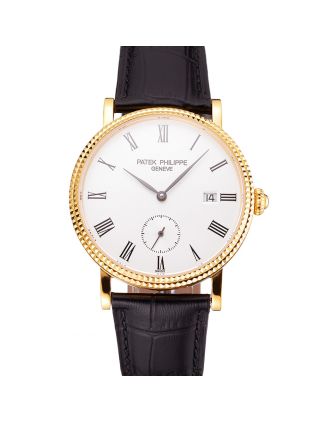 Swiss Patek Philippe Calatrava White Dial Gold Case Fluted Bezel Black Leather Strap