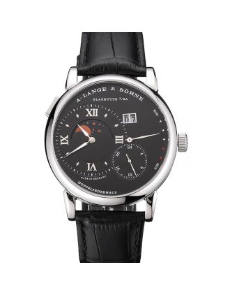 A. Lange & Sohne Grand Lange 1 Moon Phase Black Dial Stainless Steel Case Black Leather Strap