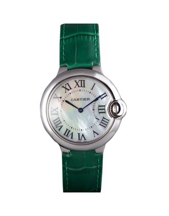 Cartier Ballon Bleu Silver Bezel with Pearl Dial Green Leather Band 621552