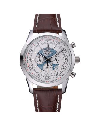 Breitling Transocean Chronograph Unitime White Dial Stainless Steel Case Brown Leather Bracelet 622244