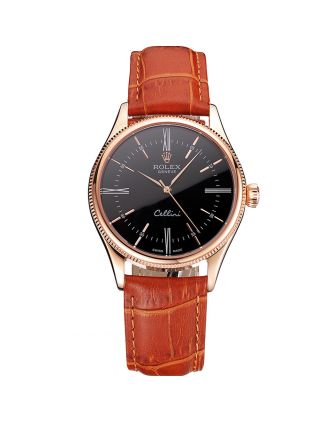 Swiss Rolex Cellini Black Dial Roman Numerals Rose Gold Case Light Brown Leather Strap
