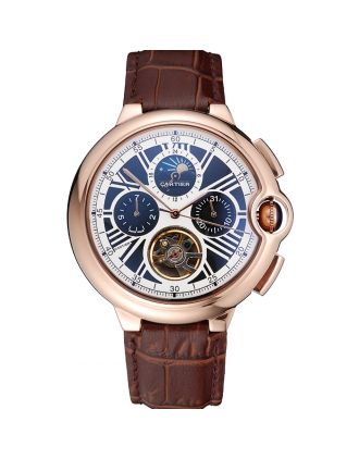 Cartier Ballon Bleu Flying Tourbillon Chronograph White Dial Rose Gold Case Brown Leather Strap