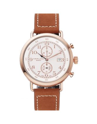 Hamilton Navy Pioneer Chrono White Dial Rose Gold Case Brown Leather Strap