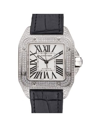 Swiss Cartier Santos Dumont Diamond Case White Dial Roman Numerals Black Leather Bracelet 622652
