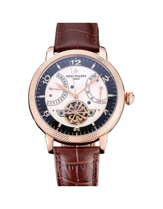 Patek Philippe Classic Tourbillon Power Reserve Black And White Dial Rose Gold Case Brown Leather Strap