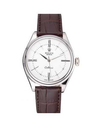Rolex Cellini White Dial Stainless Steel Case Brown Leather Strap 622839
