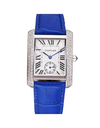 Cartier Tank MC Stainless Steel Diamond Case White Dial Blue Leather Strap 622172