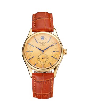 Swiss Rolex Cellini Gold Dial Blue Markings Gold Case Light Brown Leather Strap