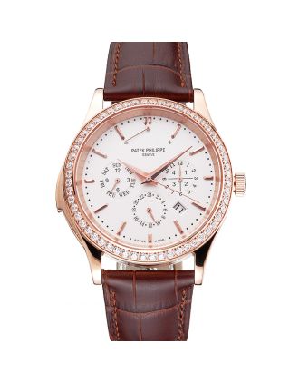 Swiss Patek Philippe Grand Complications Perpetual Calendar White Dial Rose Gold Case Diamond Bezel Brown Leather Strap