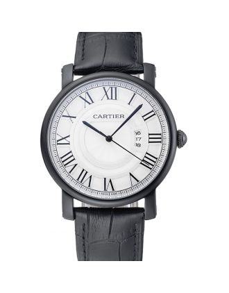 Cartier Rotonde White Dial Black Case Black Leather Bracelet 1454220