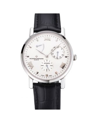 Swiss Vacheron Constantin Patrimony Quantieme Reserve De Marche White Dial Stainless Steel Case Black Leather Strap