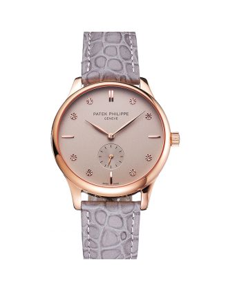 Patek Philippe Calatrava Gray Dial Diamond Markings Rose Gold Case Gray Leather Strap