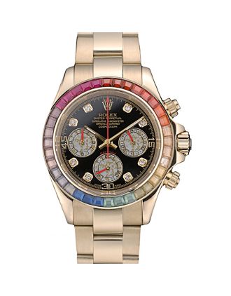 Rolex Daytona Cosmograph Rainbow Crystals Bezel Rose Gold Strap Black Dial 80251