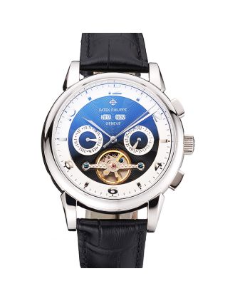 Patek Philippe Perpetual Calendar Tourbillon Two Tone Dial Stainless Steel Case Black Leather Strap