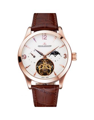 Jaeger LeCoultre Master Moonphase Tourbillon White Dial Rose Gold Case Brown Leather Strap