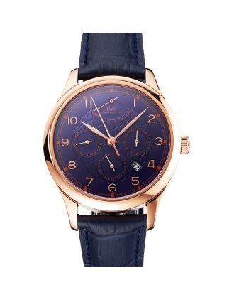 Swiss IWC Portugieser Power Reserve Blue Dial Rose Gold Case Blue Leather Strap