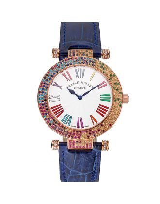 Franck Muller Double Mistery 4 Saisons White Dial Rose Gold Case Blue Leather Strap