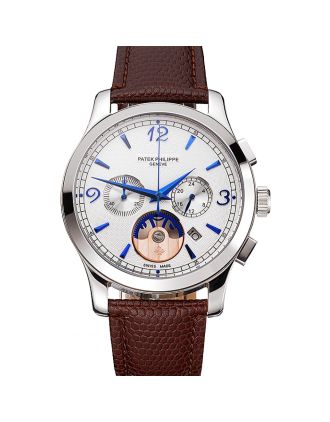 Patek Philippe Chronograph White Guilloche Dial Blue Hands Stainless Steel Case Brown Leather Strap