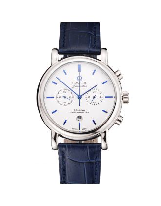 Omega Seamaster Vintage Chronograph White Dial Blue Hour Marks Stainless Steel Case Blue Leather Strap